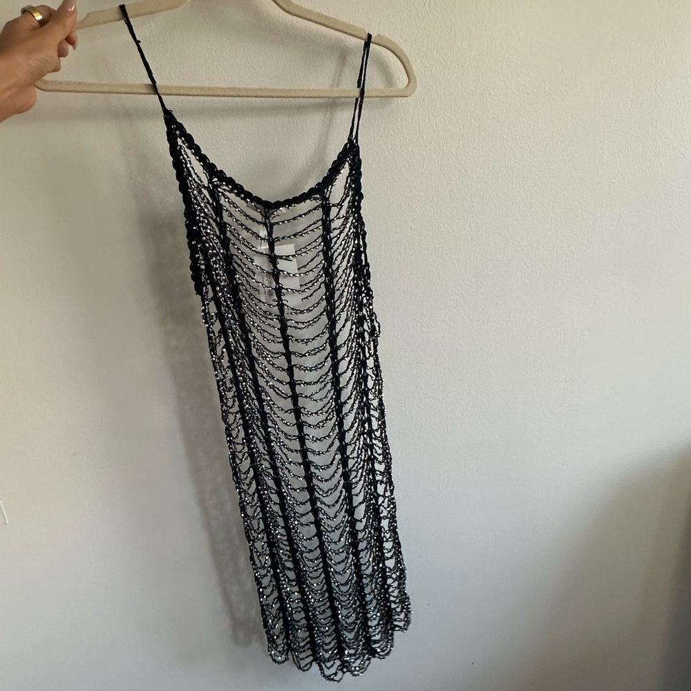 NEW w tag Black sheer crochet Beaded Mesh cover up Dress Coachella festival